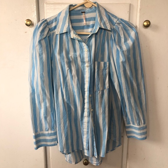 Free People Elisha blouse button down blue & white - Picture 1 of 6